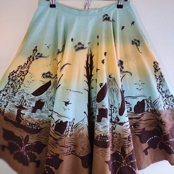 Lapis Full Circle Skirt Sequins Beautiful Asian Art Design Retro Inspo  Sz Large - Picture 4 of 9